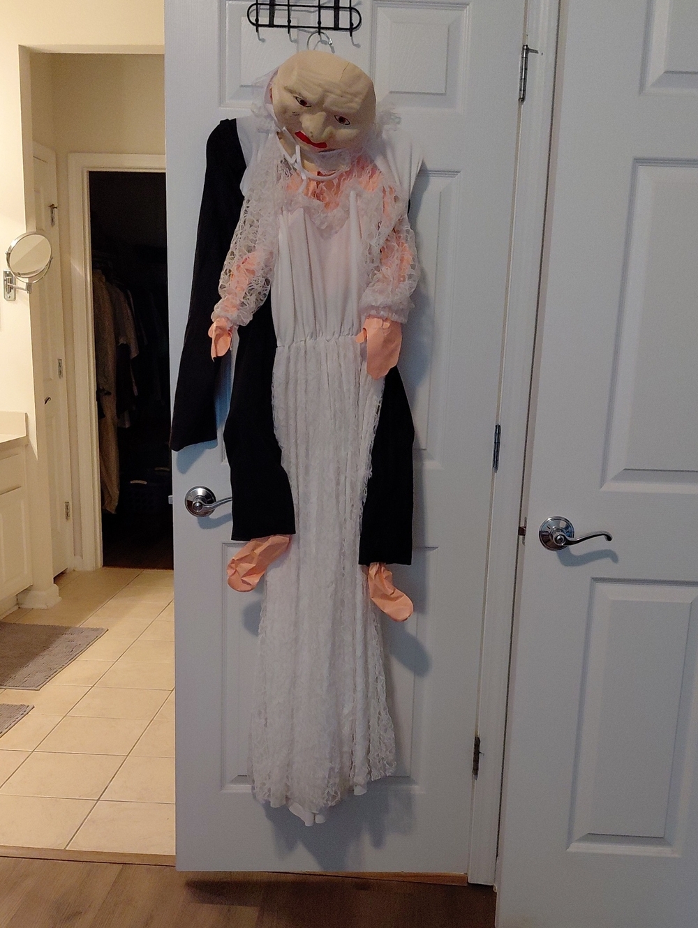 Vintage Halloween Costume. Old Lady Caries A Person On Her Back